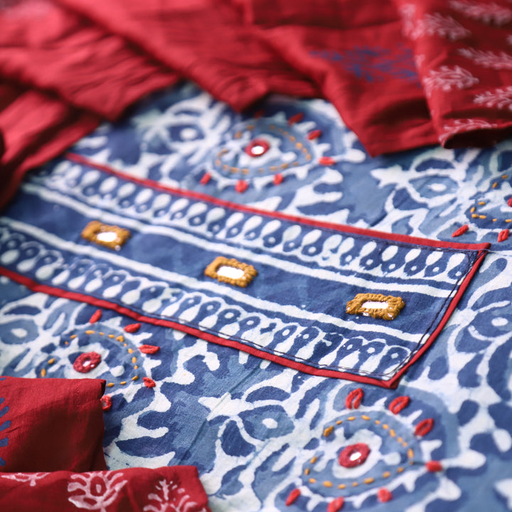 Hazurii Indigo Blue Kutch Mirror Patch Work Dabu Printed Cotton Suit Set D1