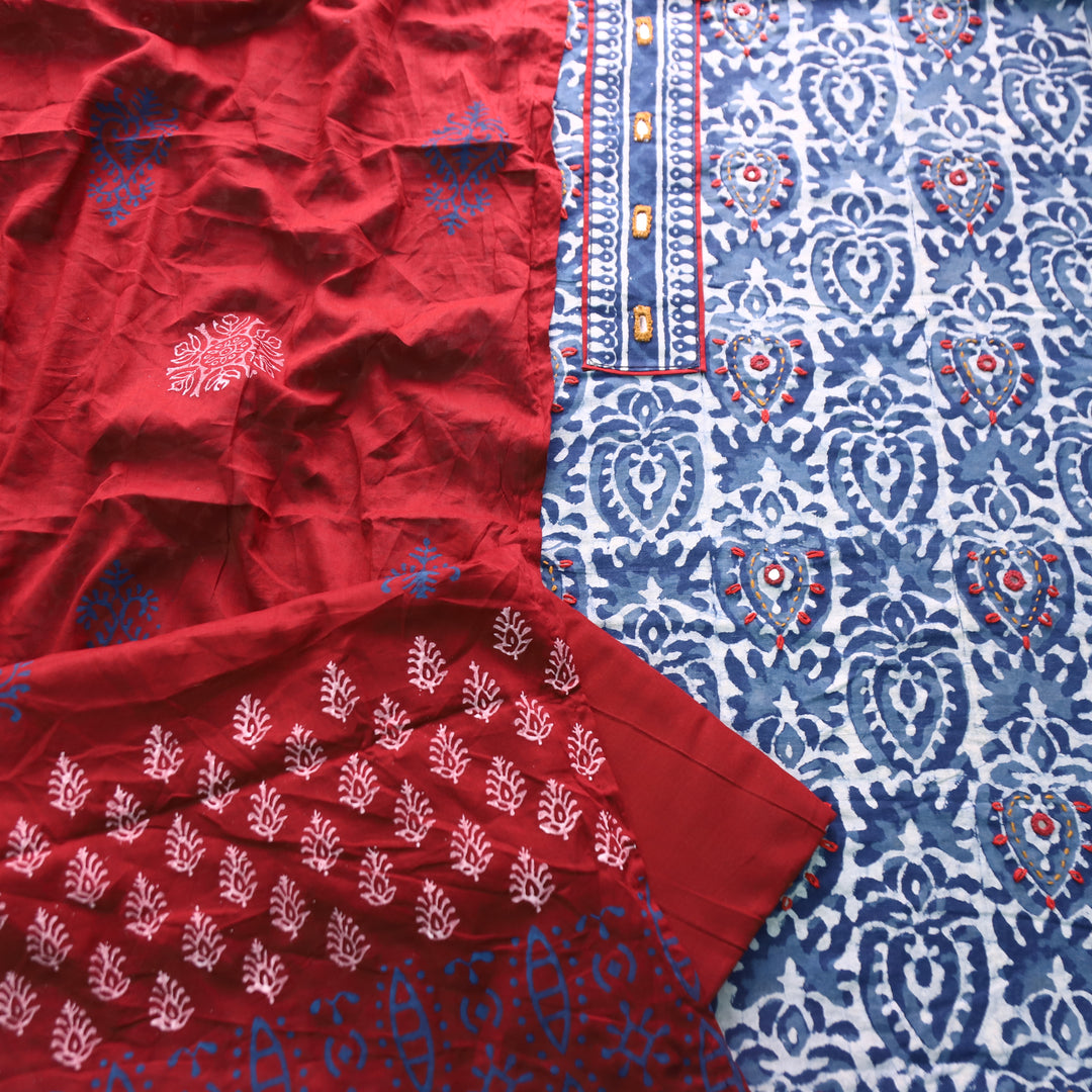 Hazurii Indigo Blue Kutch Mirror Patch Work Dabu Printed Cotton Suit Set D1