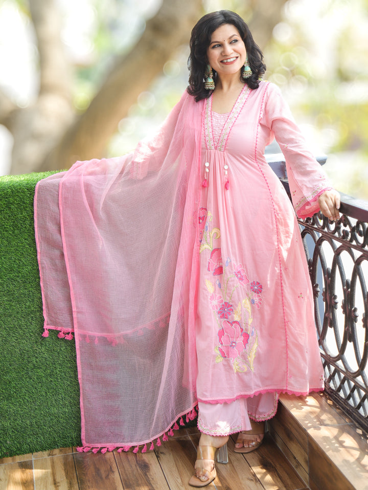 Millie Bubblegum Pink Anarkali Cotton 3 Piece Set