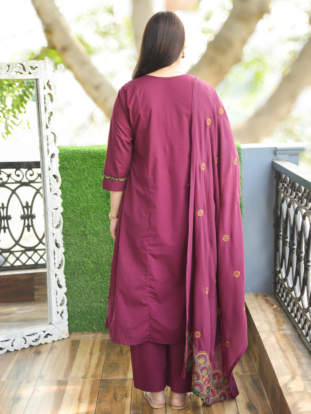 Keshvi Deep Wine Thread Embroiered Neck with Patra Cotton 3 Piece Set