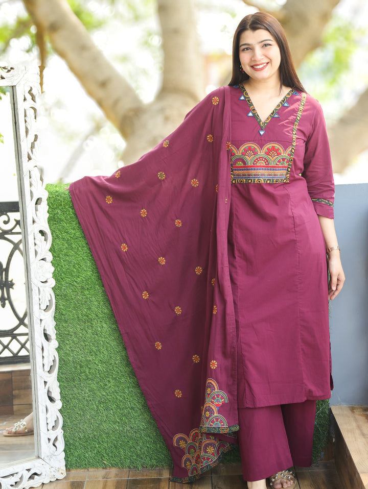 Keshvi Deep Wine Thread Embroiered Neck with Patra Cotton 3 Piece Set