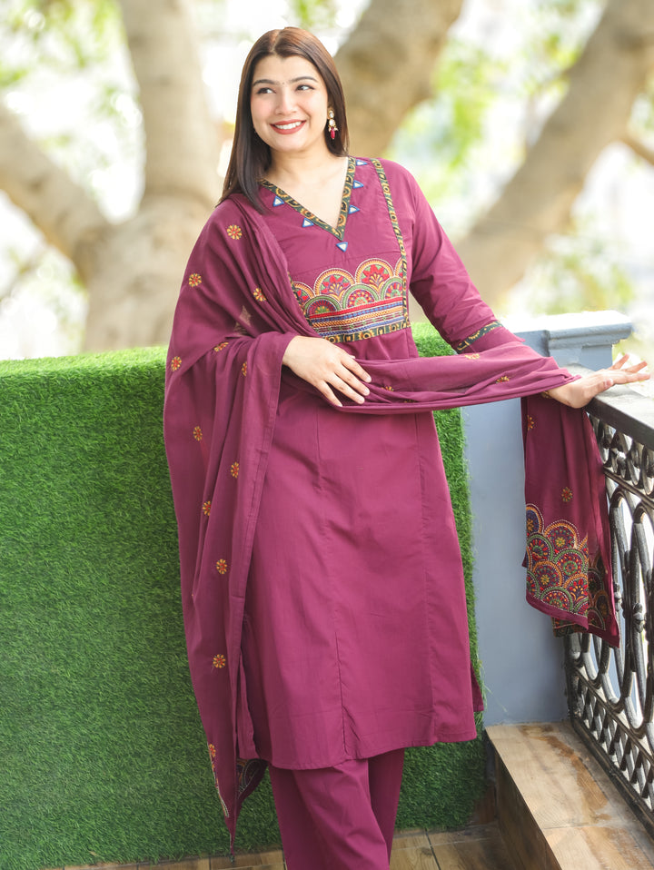 Keshvi Deep Wine Thread Embroiered Neck with Patra Cotton 3 Piece Set
