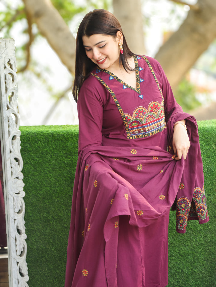 Keshvi Deep Wine Thread Embroiered Neck with Patra Cotton 3 Piece Set