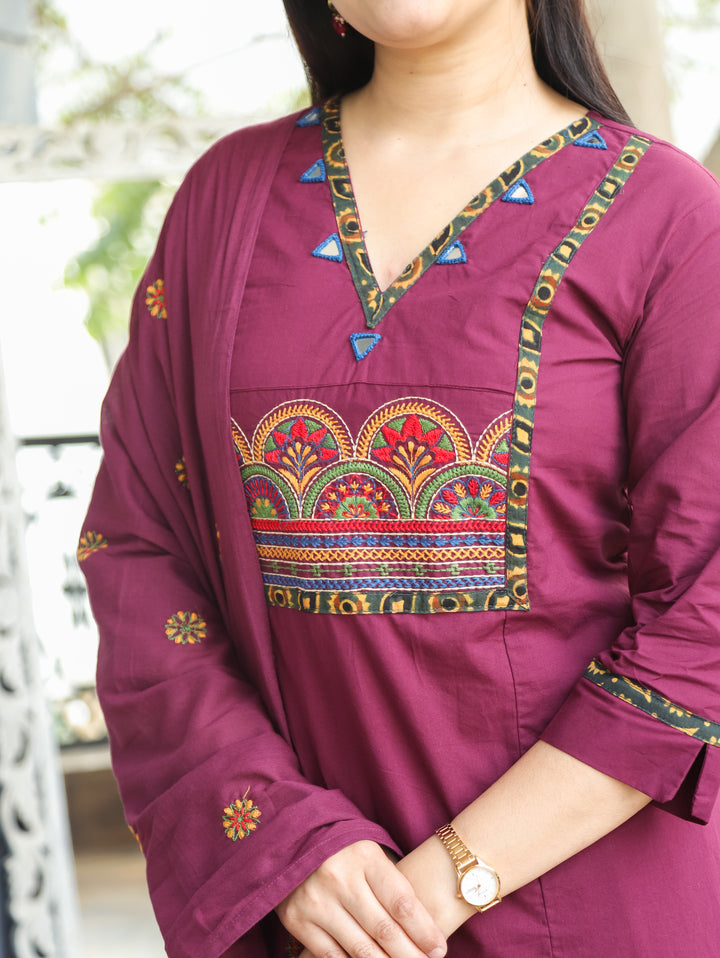Keshvi Deep Wine Thread Embroiered Neck with Patra Cotton 3 Piece Set