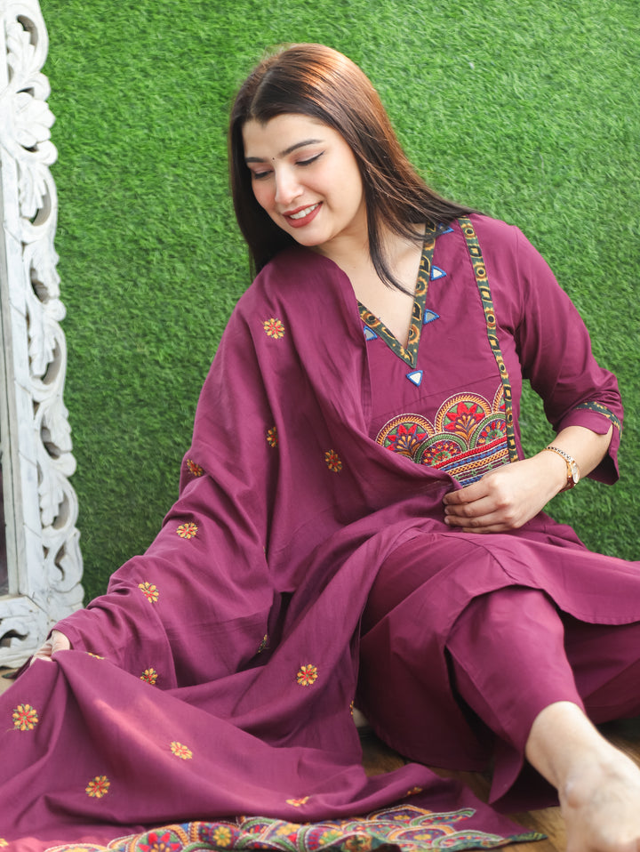 Keshvi Deep Wine Thread Embroiered Neck with Patra Cotton 3 Piece Set