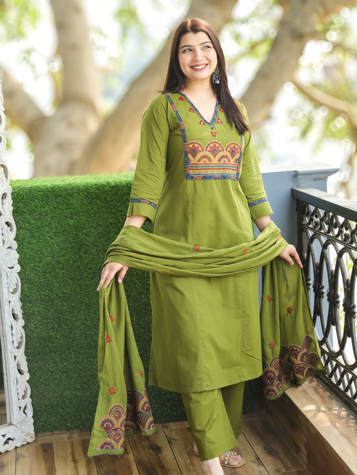 Keshvi Mehndi Green Thread Embroiered Neck with Patra Cotton 3 Piece Set