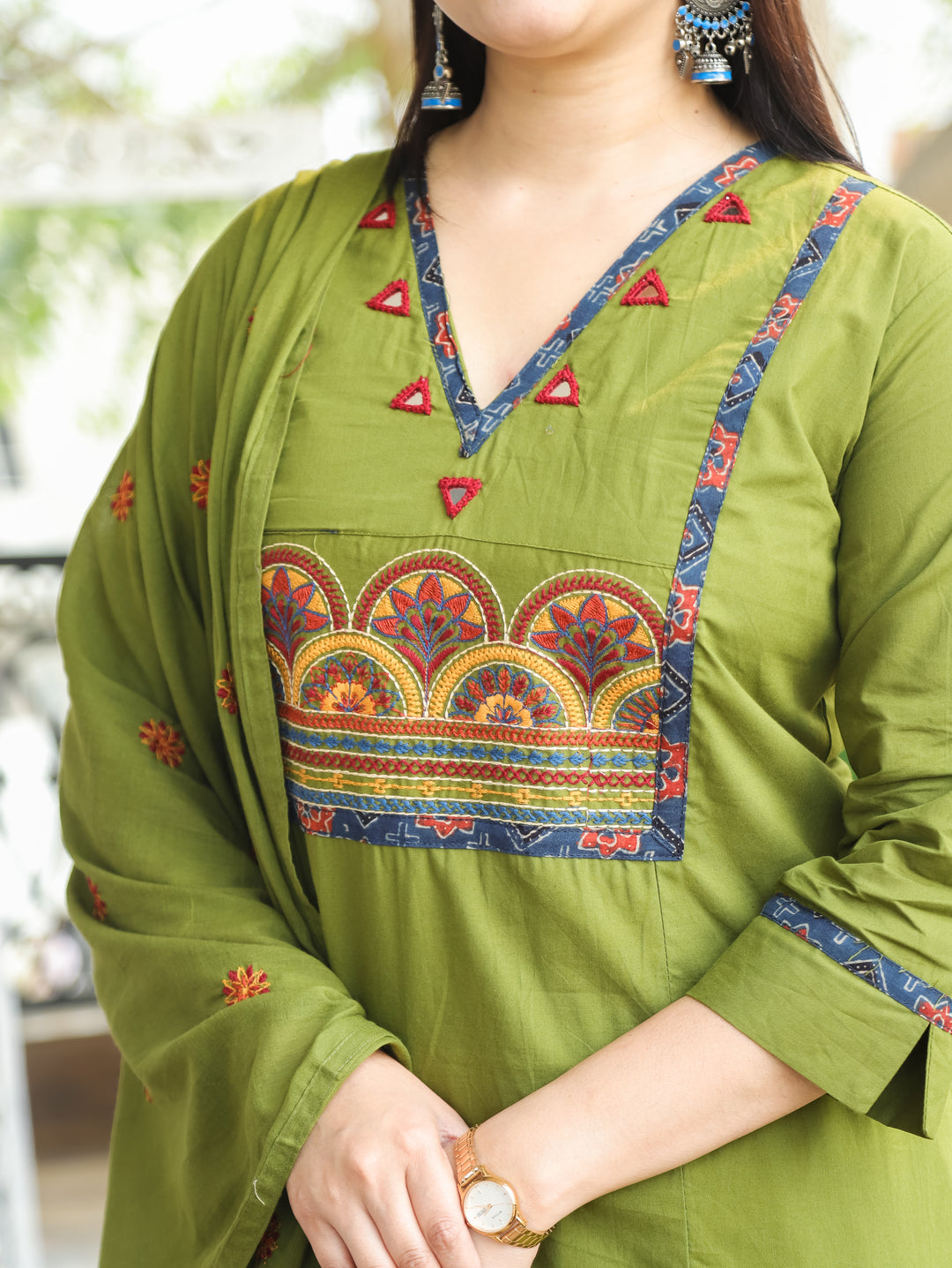 Keshvi Mehndi Green Thread Embroiered Neck with Patra Cotton 3 Piece Set