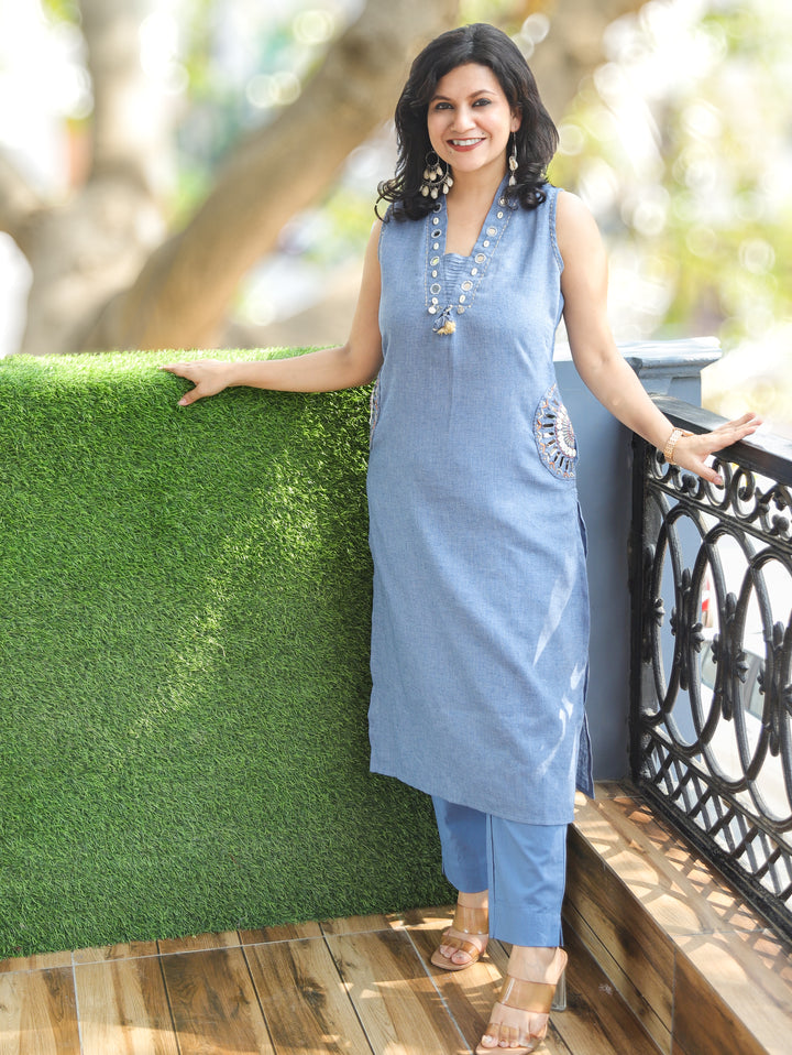 Seyran Azure Blue Mirror & Kodi Jute Cotton Co-ord Set