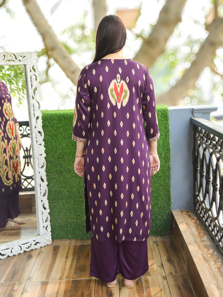 Kiara Mahogany Purple ne Mirror Work Ikkat Style Printed Hemline Satin 2 Piece Set