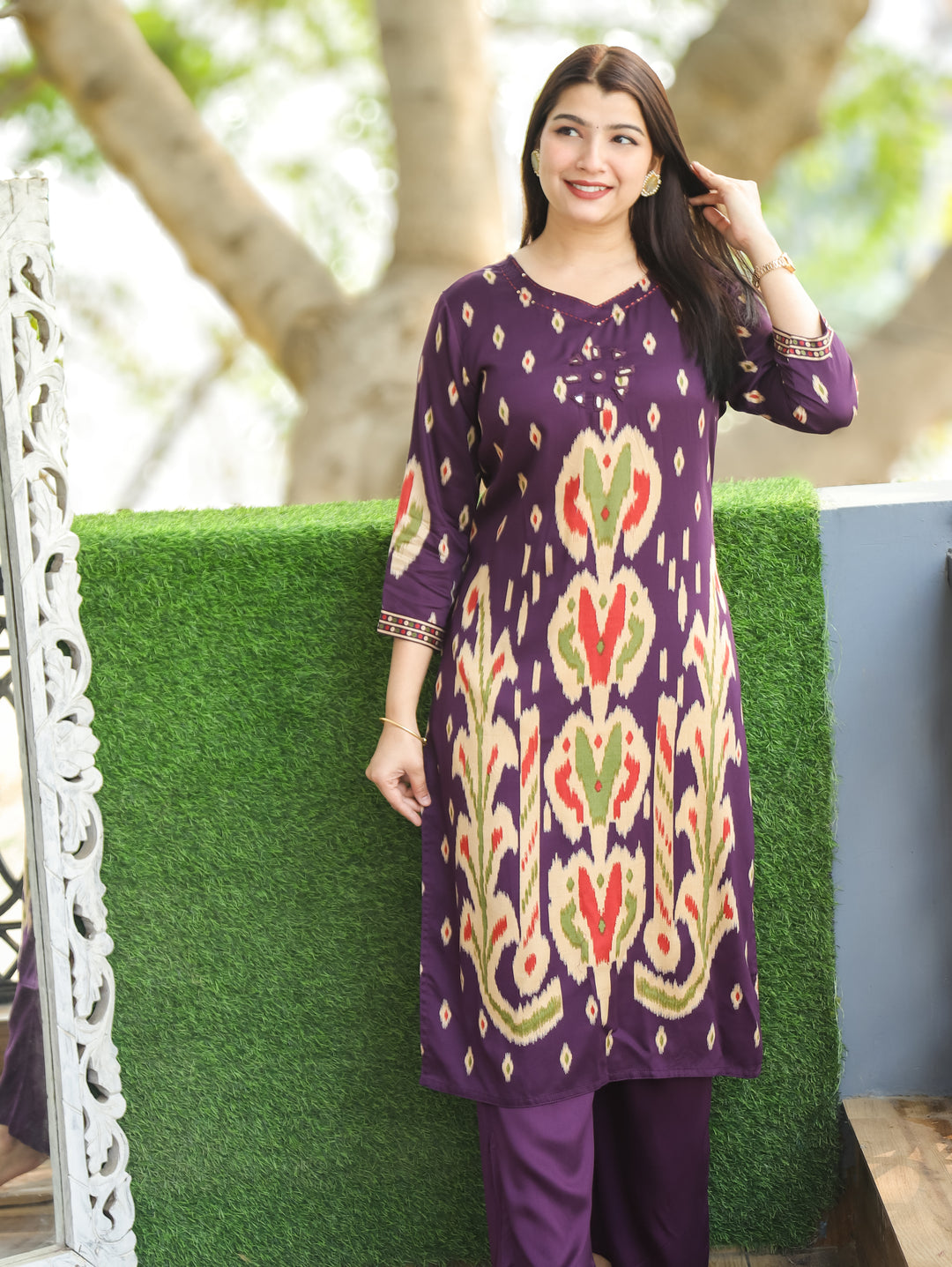 Kiara Mahogany Purple ne Mirror Work Ikkat Style Printed Hemline Satin 2 Piece Set