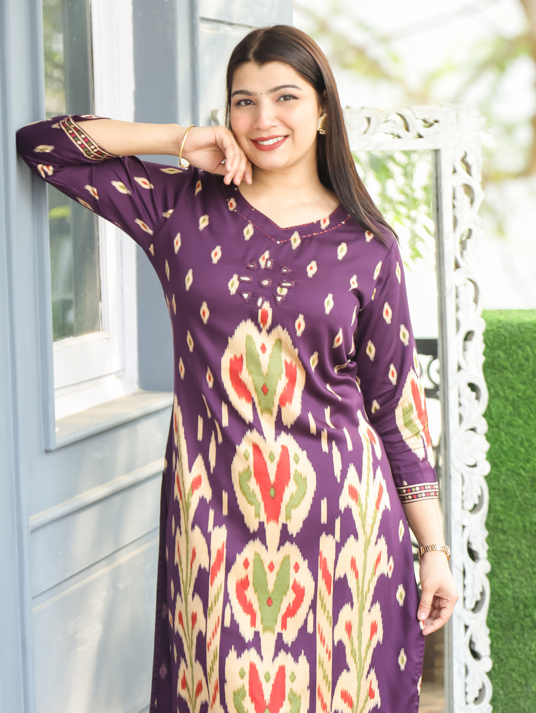 Kiara Mahogany Purple ne Mirror Work Ikkat Style Printed Hemline Satin 2 Piece Set