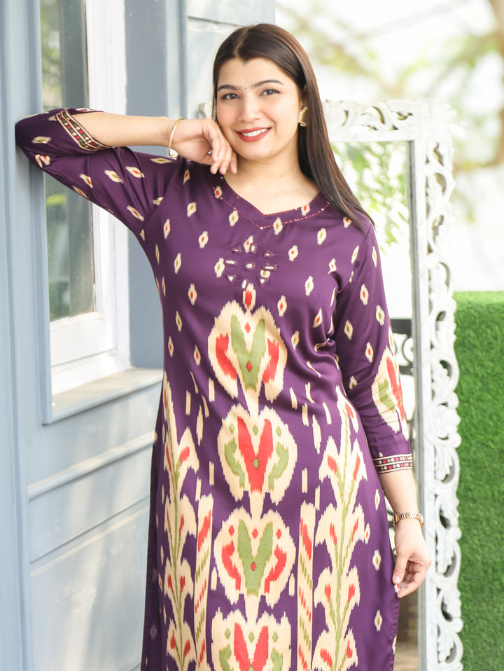 Kiara Mahogany Purple ne Mirror Work Ikkat Style Printed Hemline Satin 2 Piece Set