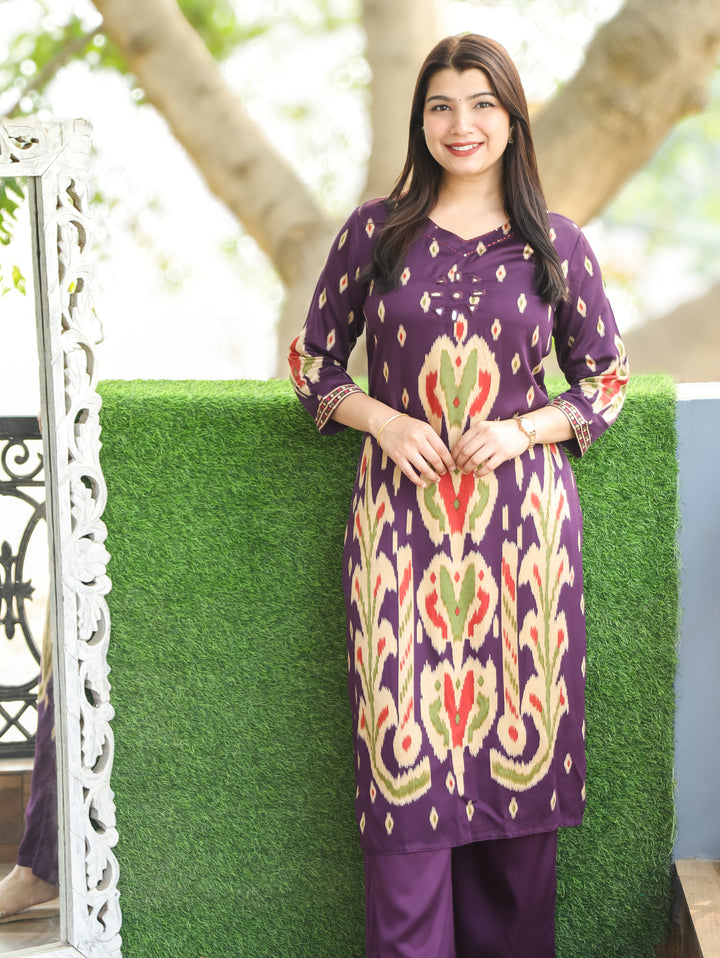 Kiara Mahogany Purple ne Mirror Work Ikkat Style Printed Hemline Satin 2 Piece Set