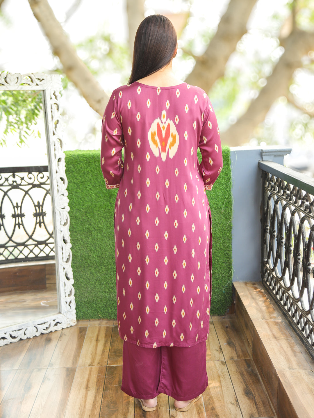 Kiara Helio Mauve Mirror Work Ikkat Style Printed Hemline Satin 2 Piece Set