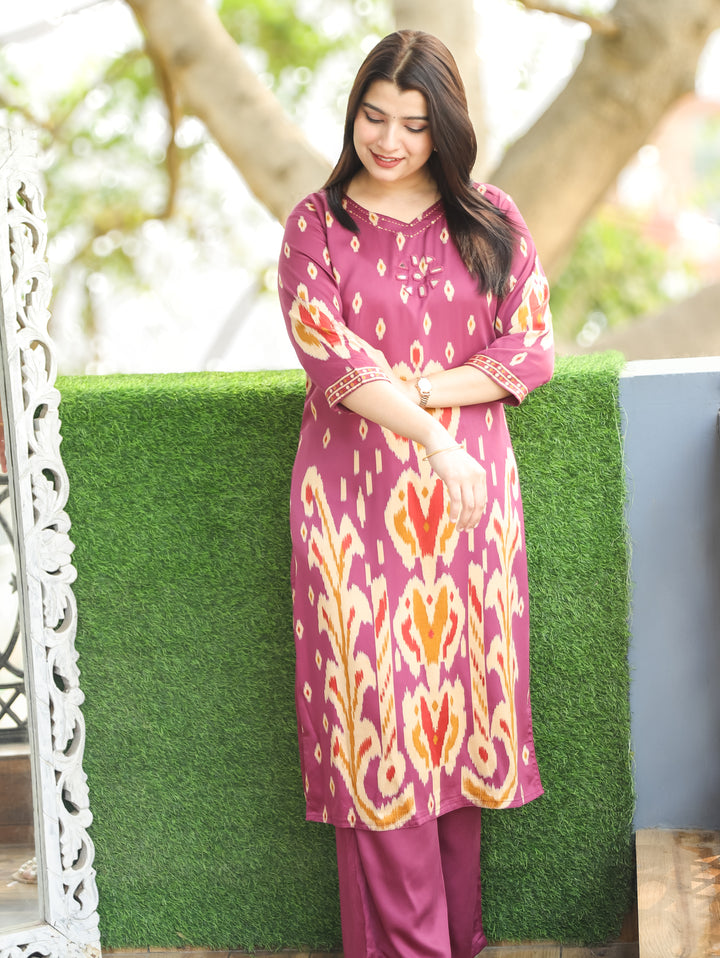 Kiara Helio Mauve Mirror Work Ikkat Style Printed Hemline Satin 2 Piece Set