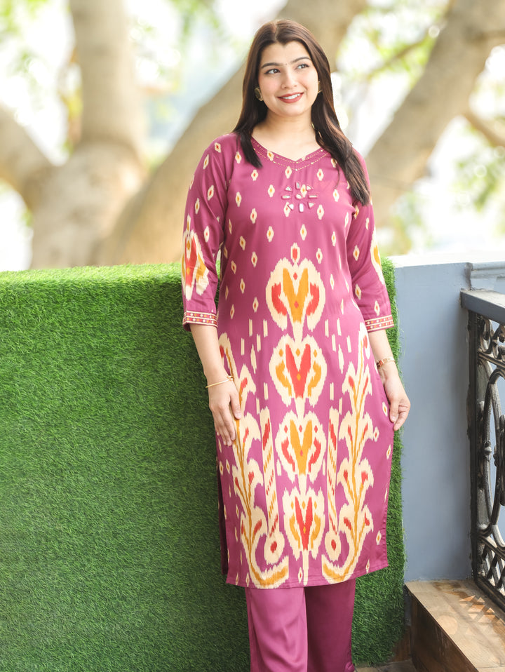 Kiara Helio Mauve Mirror Work Ikkat Style Printed Hemline Satin 2 Piece Set