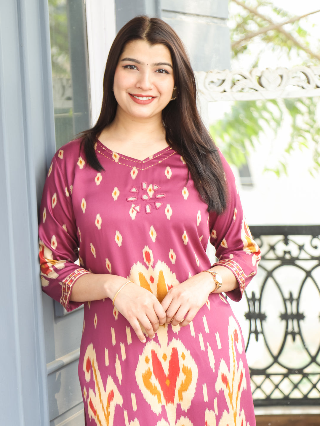 Kiara Helio Mauve Mirror Work Ikkat Style Printed Hemline Satin 2 Piece Set