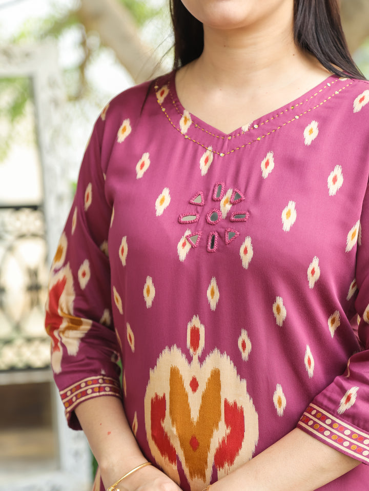 Kiara Helio Mauve Mirror Work Ikkat Style Printed Hemline Satin 2 Piece Set