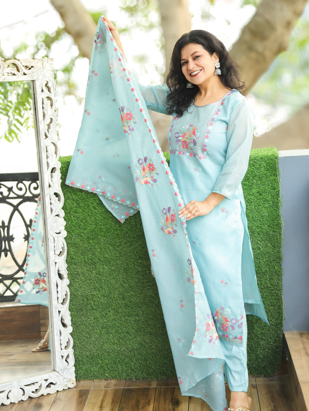 Nandini Powder Blue Moti with Bird Embroidered Yoke Work Kota Doriya 3 Piece Set