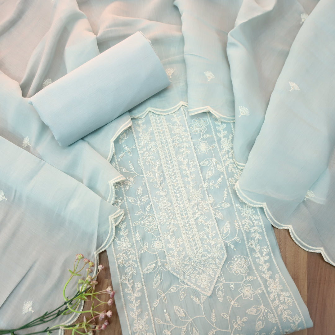 Chaahat Ice Blue Embroidered Panel Mul Chanderi Set