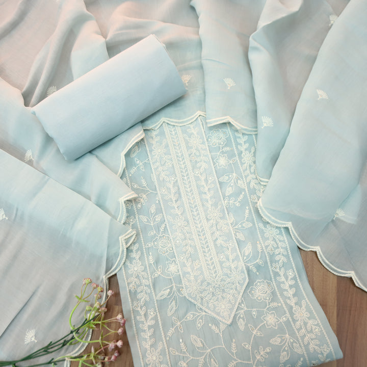 Chaahat Ice Blue Embroidered Panel Mul Chanderi Set