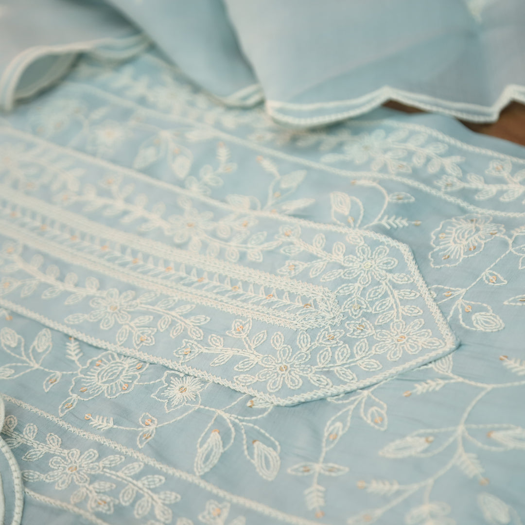 Chaahat Ice Blue Embroidered Panel Mul Chanderi Set