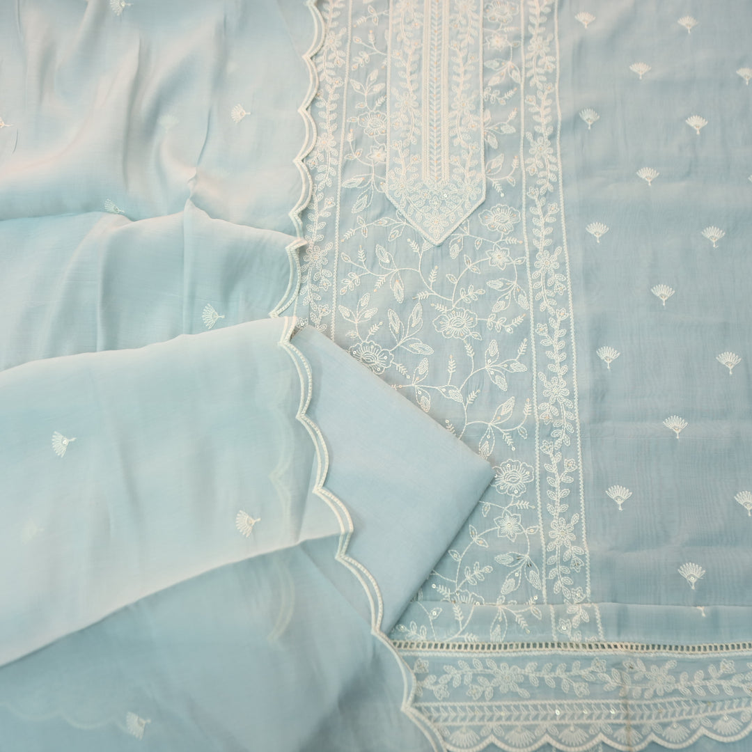 Chaahat Ice Blue Embroidered Panel Mul Chanderi Set