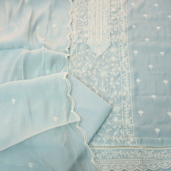 Chaahat Ice Blue Embroidered Panel Mul Chanderi Set