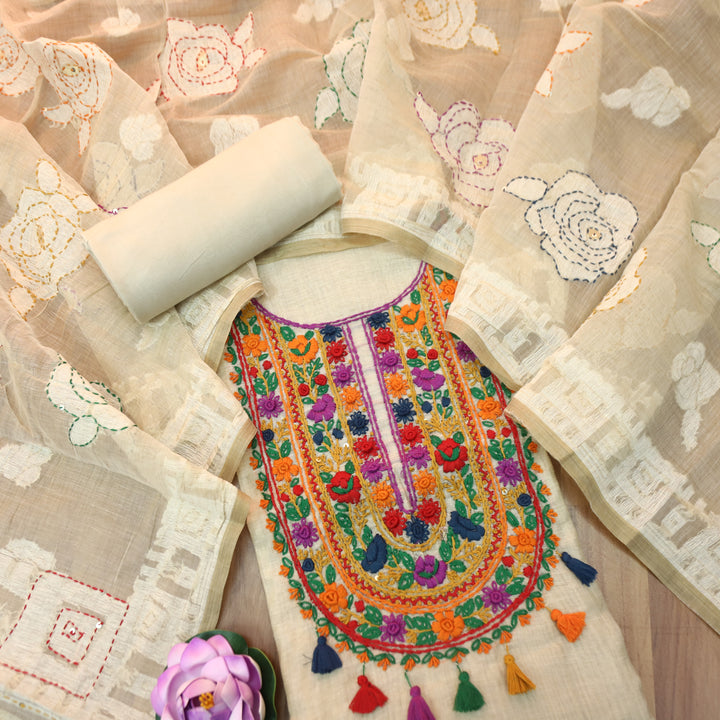 Avika Hazel Beige Kolkata Hand Embroidered Work Chanderi Set D1