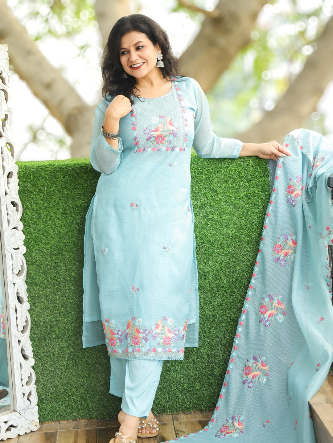Nandini Powder Blue Moti with Bird Embroidered Yoke Work Kota Doriya 3 Piece Set