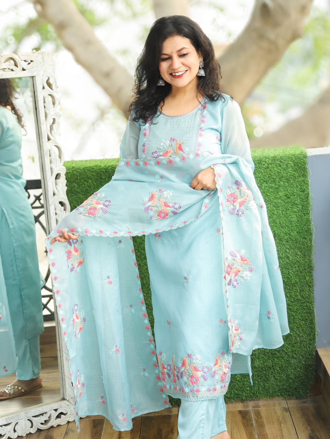 Nandini Powder Blue Moti with Bird Embroidered Yoke Work Kota Doriya 3 Piece Set