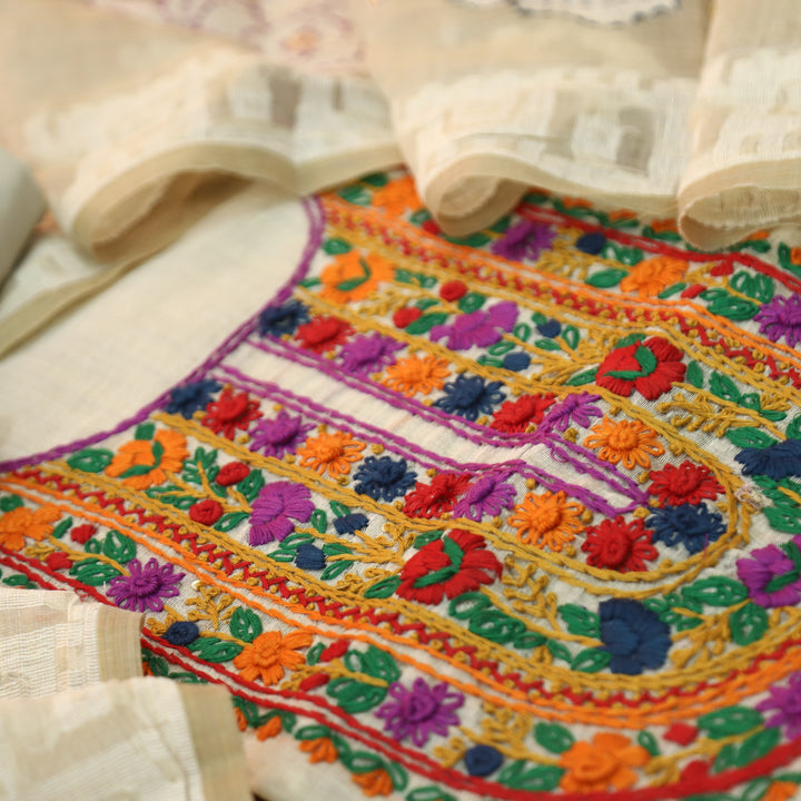 Avika Hazel Beige Kolkata Hand Embroidered Work Chanderi Set D1