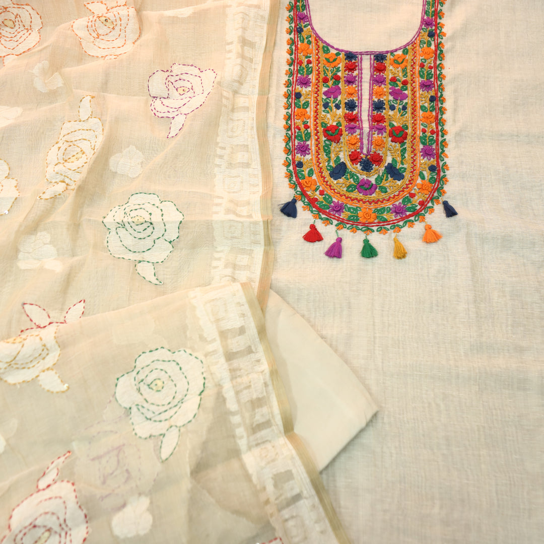 Avika Hazel Beige Kolkata Hand Embroidered Work Chanderi Set D1