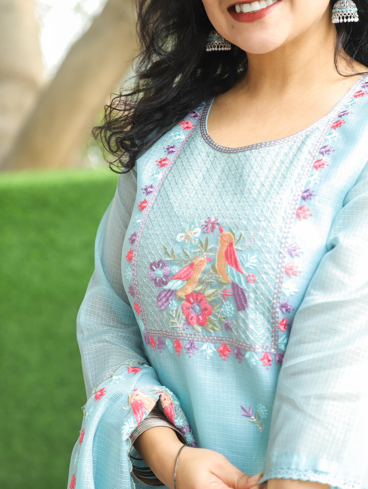 Nandini Powder Blue Moti with Bird Embroidered Yoke Work Kota Doriya 3 Piece Set
