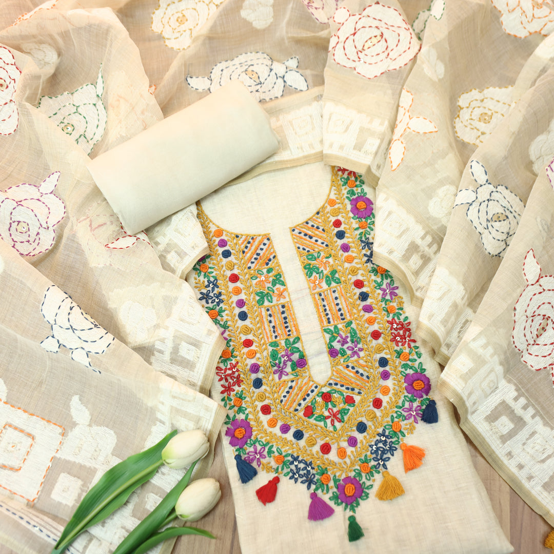 Avika Hazel Beige Kolkata Hand Embroidered Work Chanderi Set D2