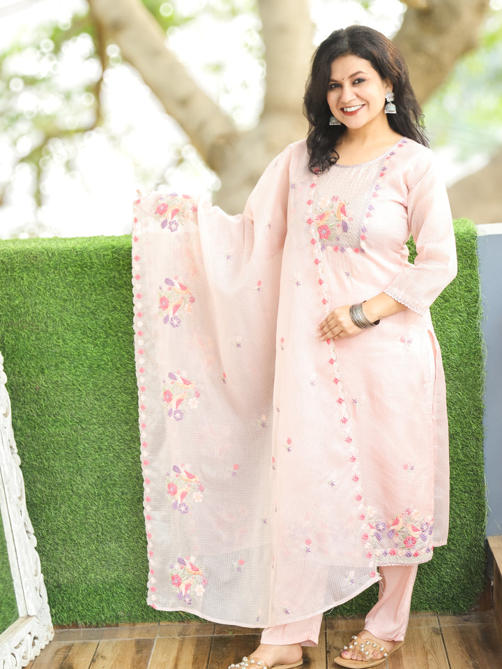 Nandini Cream Peach Moti with Bird Embroidered Yoke Work Kota Doriya 3 Piece Set