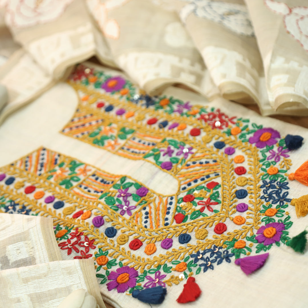 Avika Hazel Beige Kolkata Hand Embroidered Work Chanderi Set D2