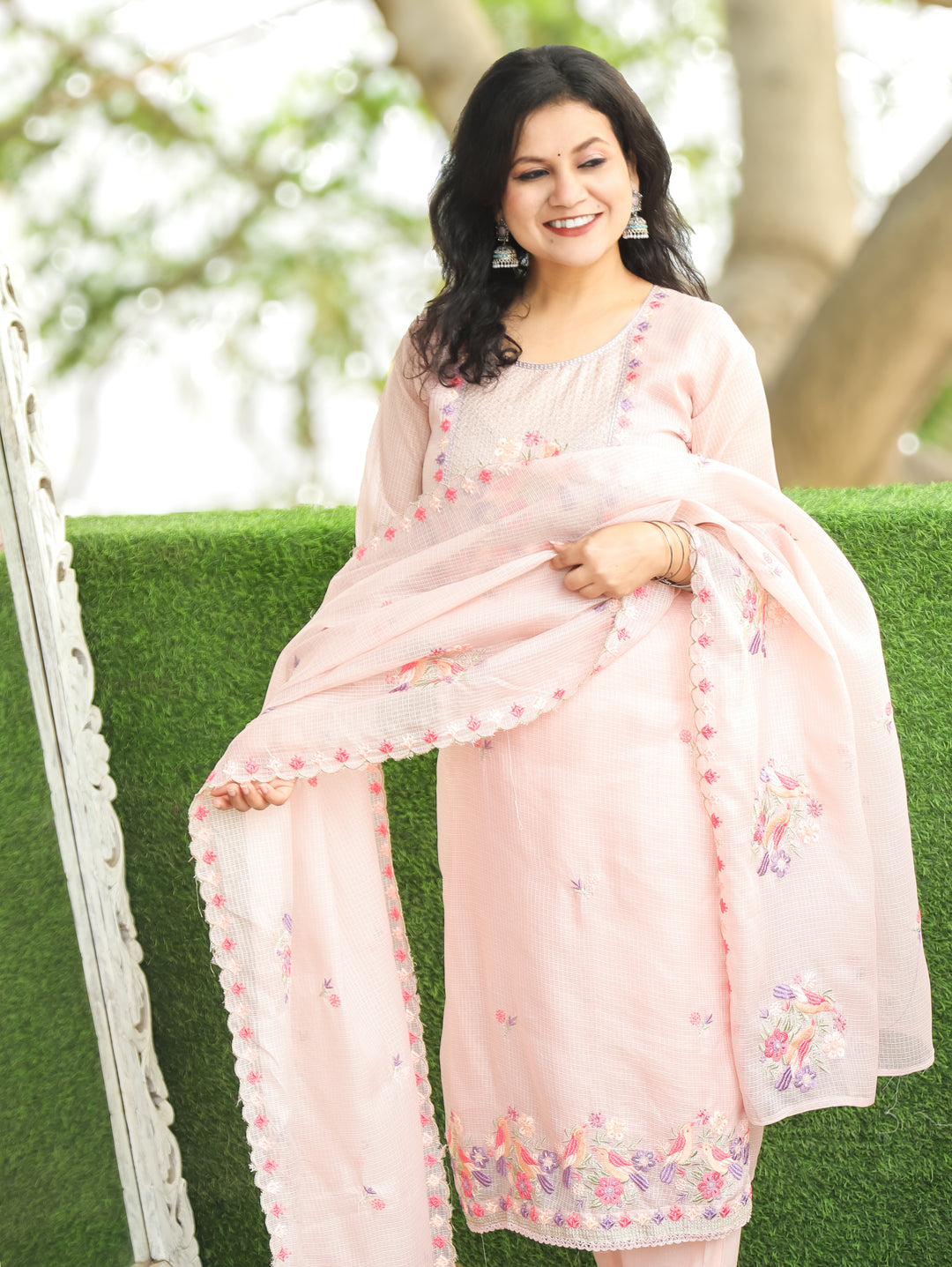 Nandini Cream Peach Moti with Bird Embroidered Yoke Work Kota Doriya 3 Piece Set