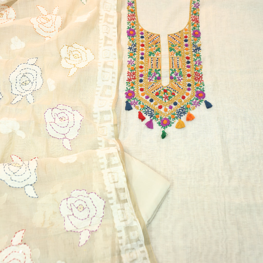 Avika Hazel Beige Kolkata Hand Embroidered Work Chanderi Set D2