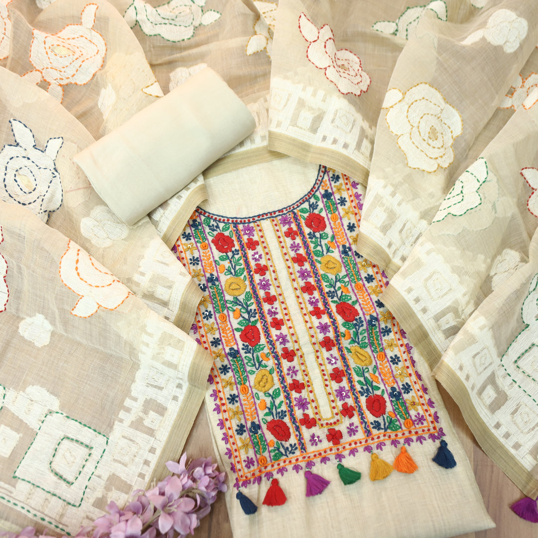 Avika Hazel Beige Kolkata Hand Embroidered Work Chanderi Set D3