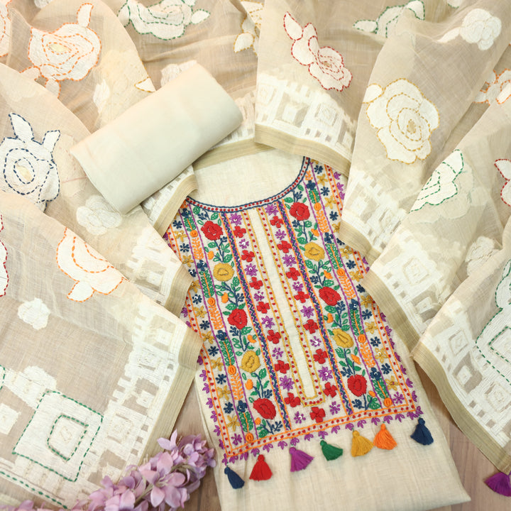 Avika Hazel Beige Kolkata Hand Embroidered Work Chanderi Set D3