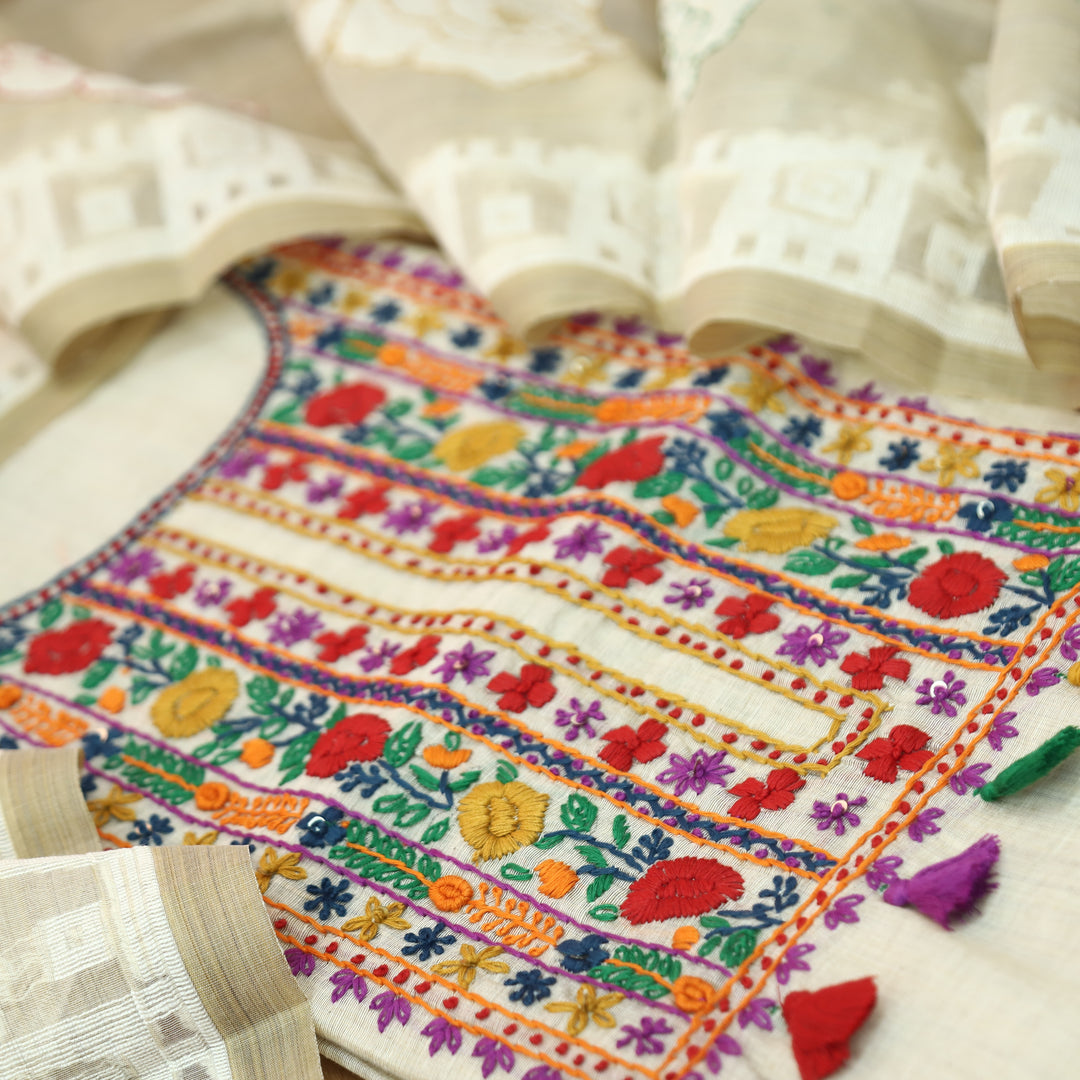 Avika Hazel Beige Kolkata Hand Embroidered Work Chanderi Set D3