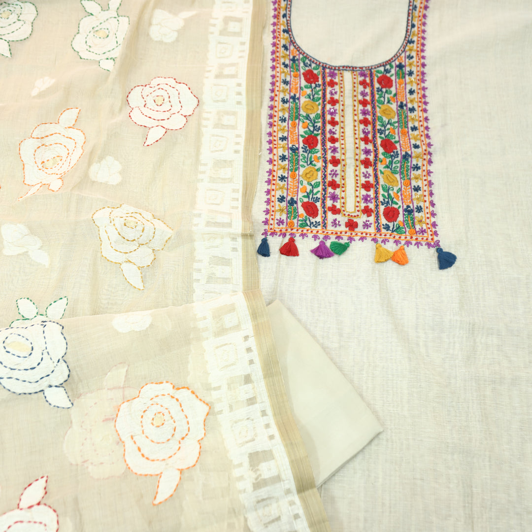 Avika Hazel Beige Kolkata Hand Embroidered Work Chanderi Set D3