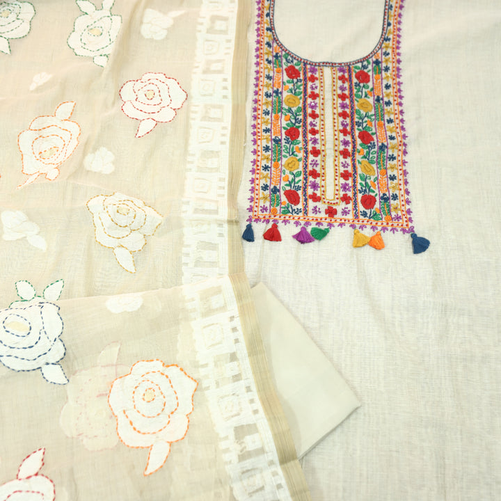 Avika Hazel Beige Kolkata Hand Embroidered Work Chanderi Set D3