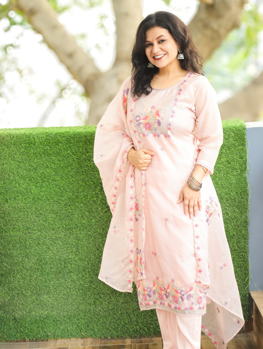 Nandini Cream Peach Moti with Bird Embroidered Yoke Work Kota Doriya 3 Piece Set