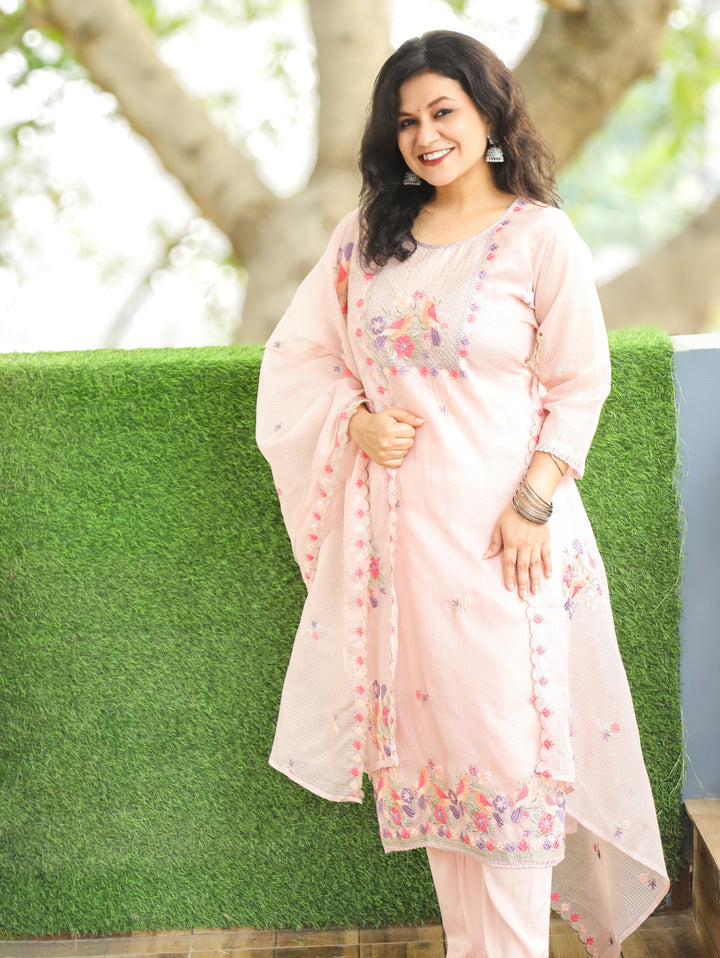 Nandini Cream Peach Moti with Bird Embroidered Yoke Work Kota Doriya 3 Piece Set