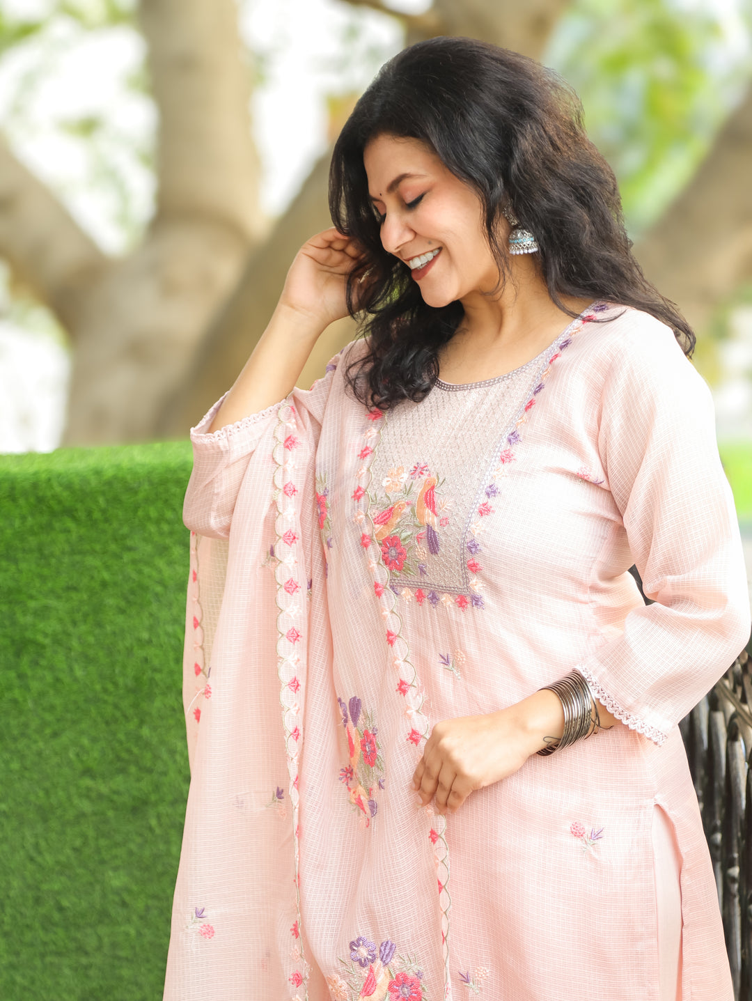 Nandini Cream Peach Moti with Bird Embroidered Yoke Work Kota Doriya 3 Piece Set