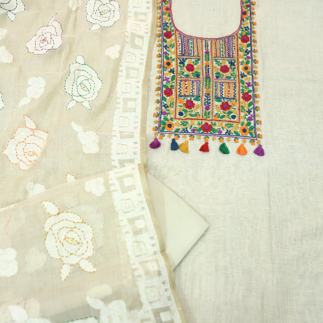 Avika Hazel Beige Kolkata Hand Embroidered Work Chanderi Set D4