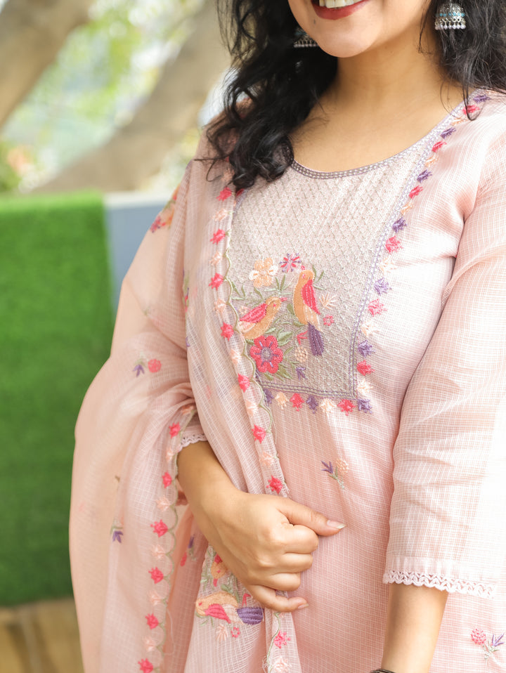 Nandini Cream Peach Moti with Bird Embroidered Yoke Work Kota Doriya 3 Piece Set