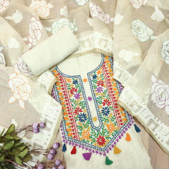 Avika Hazel Beige Kolkata Hand Embroidered Work Chanderi Set D5